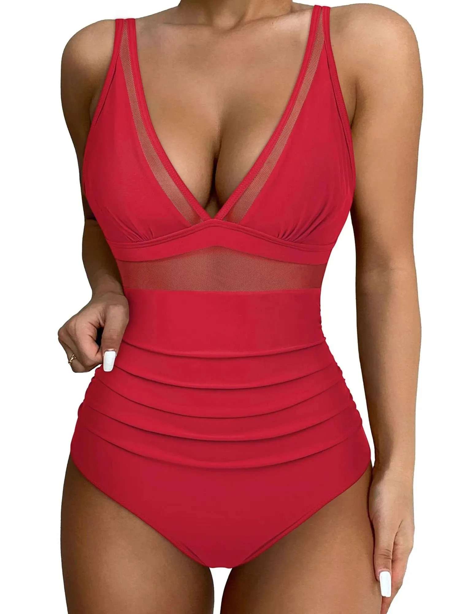 SUUKSESS Women Sexy Mesh Tummy Control Swimsuit Push Up High Waisted Bathing Suit