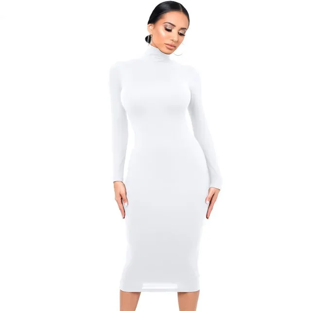 Turtleneck Sexy Women Dress Autumn Long Sleeve Skinny Bodycon Casual Blue Plush Knee-Length