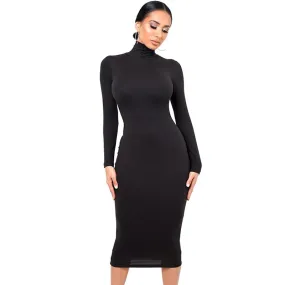 Turtleneck Sexy Women Dress Autumn Long Sleeve Skinny Bodycon Casual Blue Plush Knee-Length