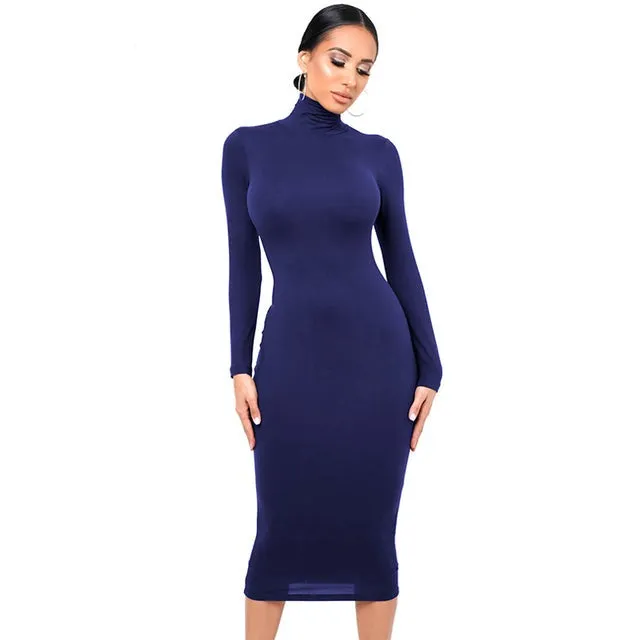 Turtleneck Sexy Women Dress Autumn Long Sleeve Skinny Bodycon Casual Blue Plush Knee-Length