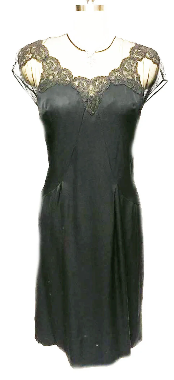 *VINTAGE "70S BLACK ILLUSION JEAN OF CALIFORNIA COCKTAIL DRESS ADORNED WITH CHANTILLY LACE