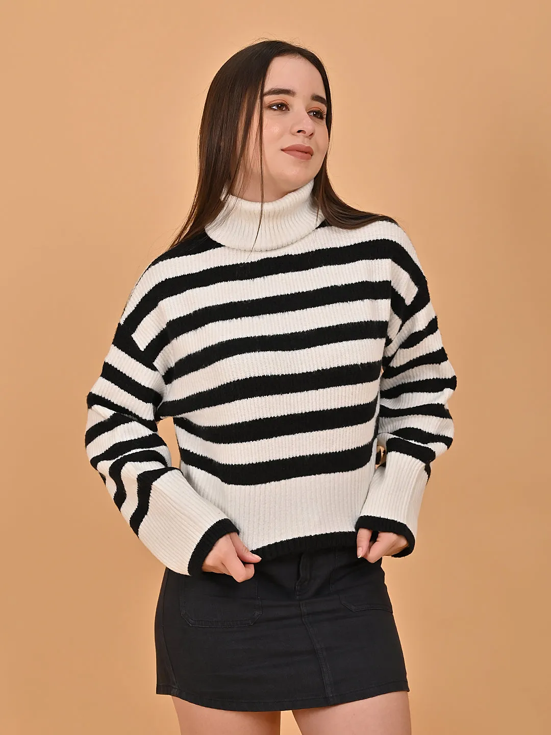 Women Black Striped Loose Drop Shoulder Sweater