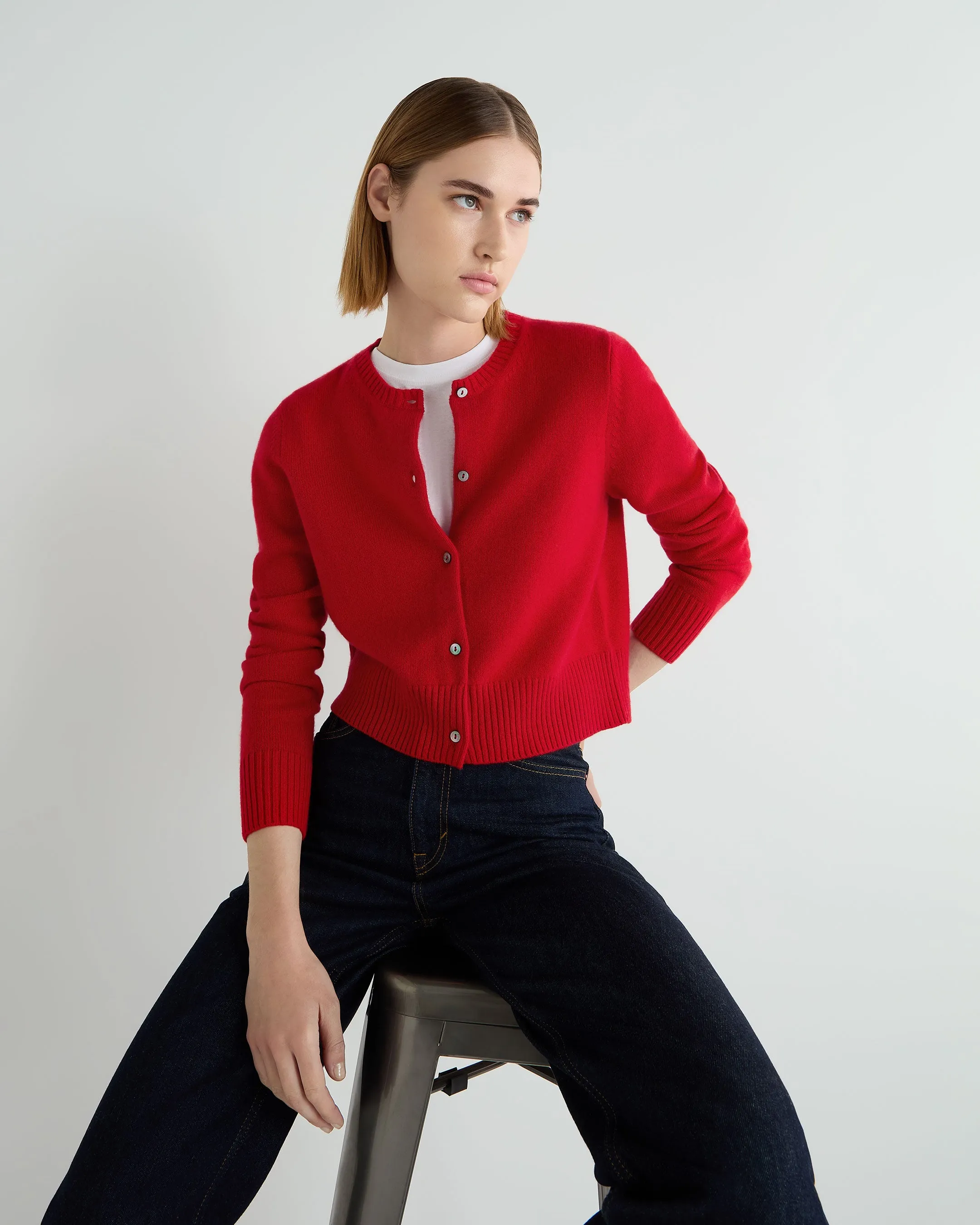 Women's Chunky Crop Cashmere Cardigan Riding Red