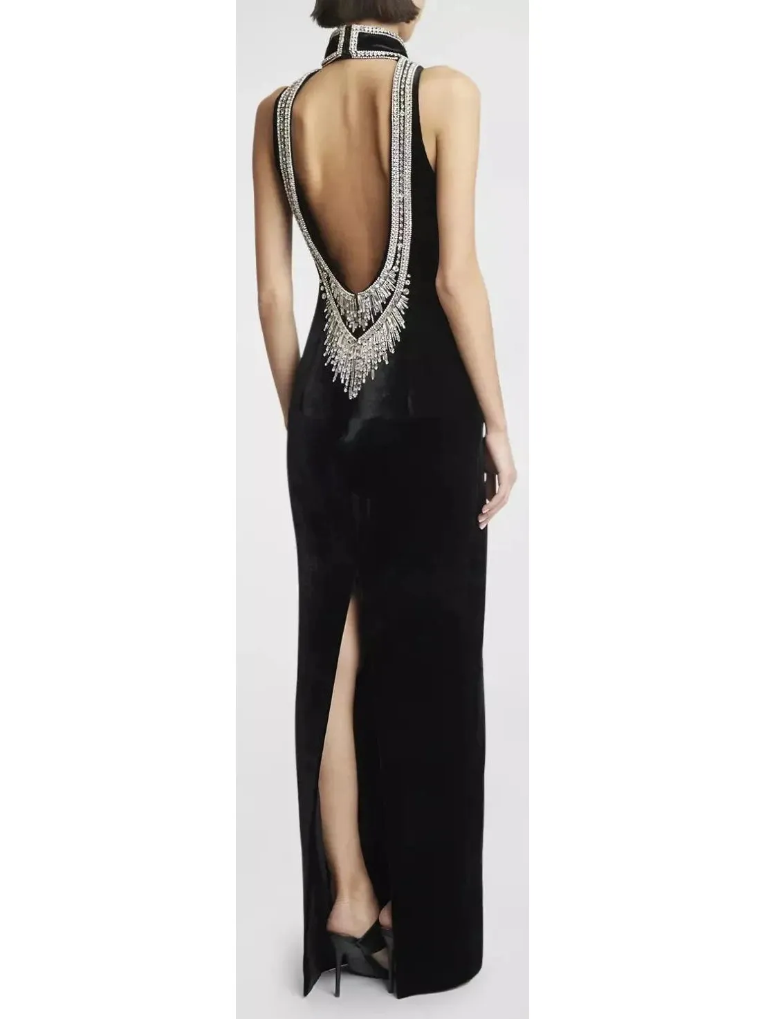 Women’s Crystal-Embellished Open-Back Velvet Gown