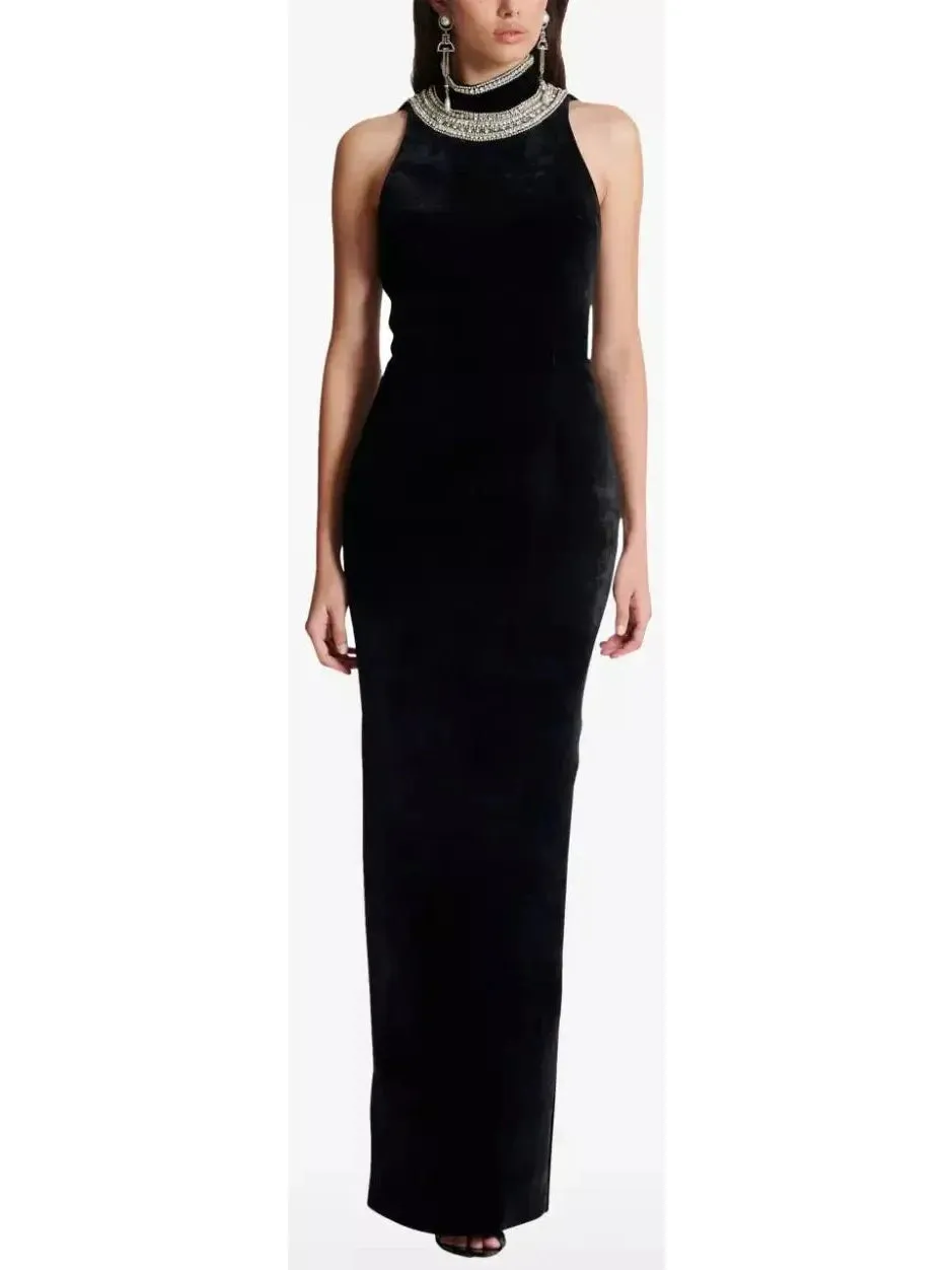 Women’s Crystal-Embellished Open-Back Velvet Gown