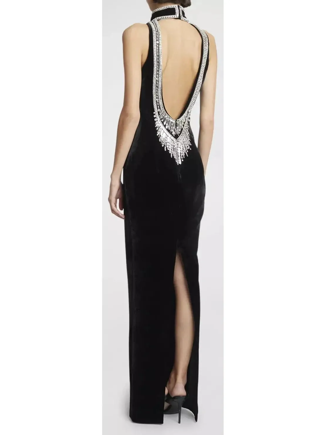 Women’s Crystal-Embellished Open-Back Velvet Gown