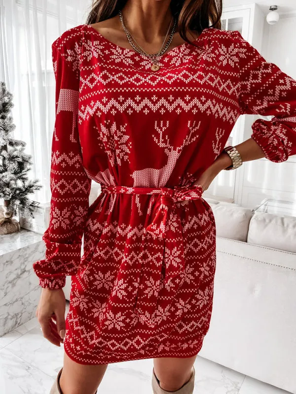 Women's Sheath Christmas Print Tie Waist Dress