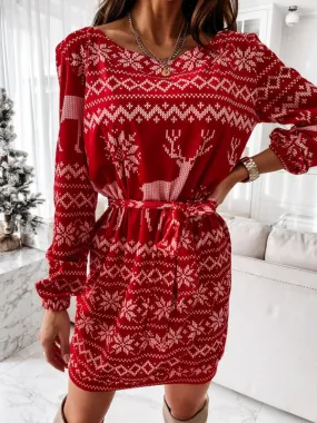 Women's Sheath Christmas Print Tie Waist Dress